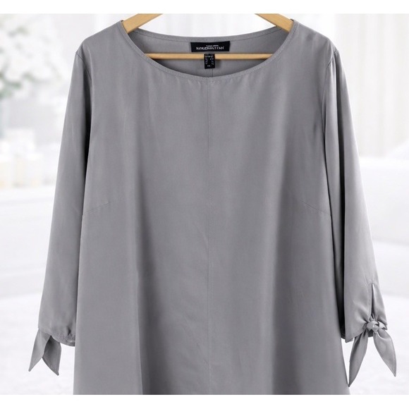 Lands End Gray Blouse Tie 3/4 Sleeve Office Career Lightweight Plus Size 22W - Picture 3 of 12